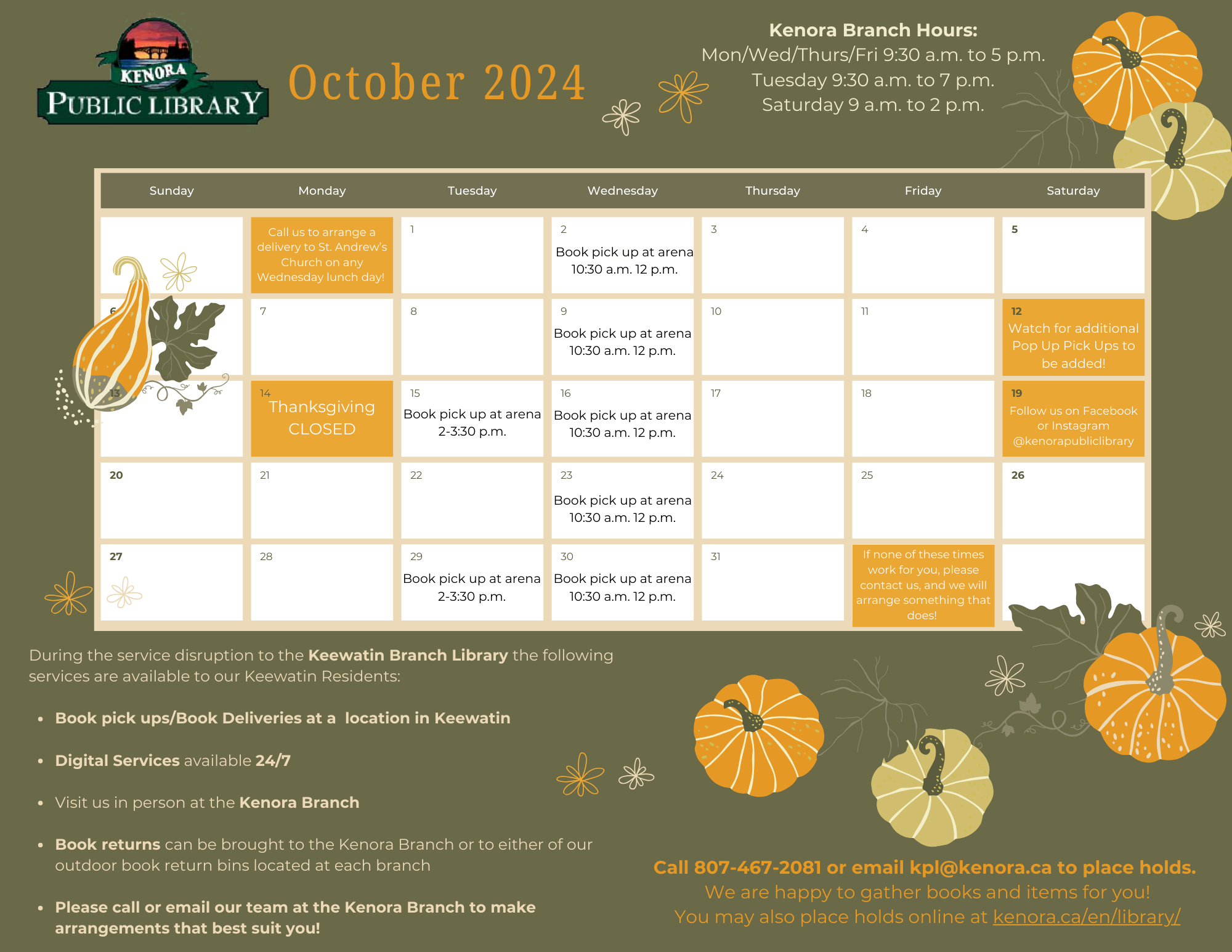 October Calendar for Keewatin Book Pickups